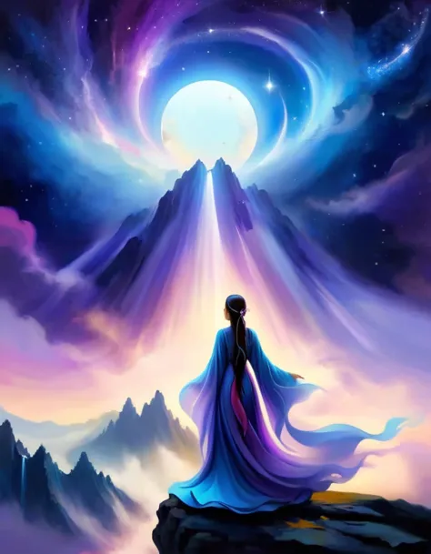 a woman standing on a cliff looking up at the starry sky, surrounded by a vortex of cosmic energy，dreamy misty landscape。the fig...