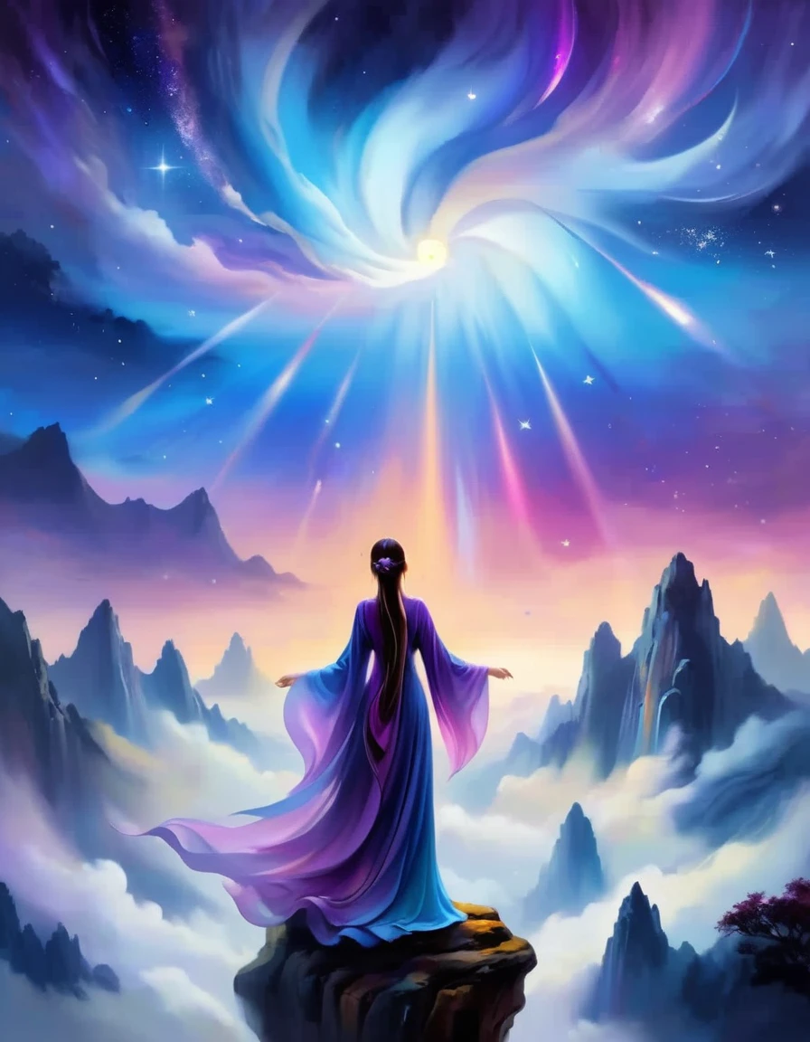 A woman standing on a cliff looking up at the starry sky, Surrounded by a vortex of cosmic energy，Dreamy misty landscape。The figures are dressed in flowing robes.，Blending with the flow of heaven and earth。The sky is a tapestry of deep purples and blues，starlight embellishment，The scenery below suggests softness、Rolling mountains，Astral Ether, Fantastic numbers, ethereal essence, Ethereal fantasy, Ethereal Beauty, Digital Art Fantasy, Beautiful fantasy painting, Beautiful fantasy art, Stunning fantasy art, Inspired by Cyril Rolando (Cyril Rolando), Fantasy art style, Gently rotating magical energy, Fantasy Numbers, Fantasy NumbersArt, Empty Realm, of Ethereal fantasy
