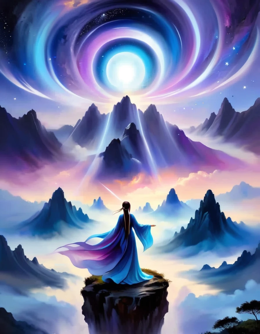 A woman standing on a cliff looking up at the starry sky, Surrounded by a vortex of cosmic energy，Dreamy misty landscape。The figures are dressed in flowing robes.，Blending with the flow of heaven and earth。The sky is a tapestry of deep purples and blues，starlight embellishment，The scenery below suggests softness、Rolling mountains，Astral Ether, Fantastic numbers, ethereal essence, Ethereal fantasy, Ethereal Beauty, Digital Art Fantasy, Beautiful fantasy painting, Beautiful fantasy art, Stunning fantasy art, Inspired by Cyril Rolando (Cyril Rolando), Fantasy art style, Gently rotating magical energy, Fantasy Numbers, Fantasy NumbersArt, Empty Realm, of Ethereal fantasy