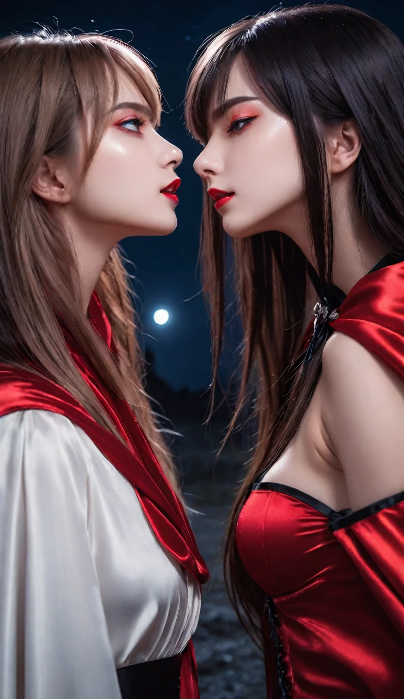 vampire teeth , ((((nighttime))) , 2girls,looking at each other in the eye, long hair , RAW photo, high quality, film grain,simple background, presenting, beautiful, (black and red lined satin cloak tied at the neck:1.20) , biting necks , breasts,big ass, clothes lift,bottomless,  moonlit graveyard , (2girls,yuri), 