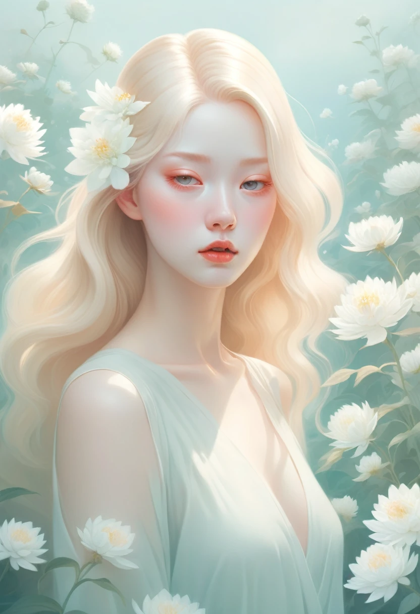 (crap:1.5)，Soft space，Soft tones，dream，Hazy and mysterious，大量crap和白色小花覆盖，Modern illustration elements。Tranquility、Pure atmosphere，blond woman with white flowers covering her face and eyes, inspired by Hsiao-Ron Cheng, inspired by Yanjun Cheng, by Ayami Kojima, by Hsiao-Ron Cheng, by Yanjun Cheng, Guweiz, artwork in the style of guweiz, by Eizan It&#39;s a gift, cake, james jean and wlop