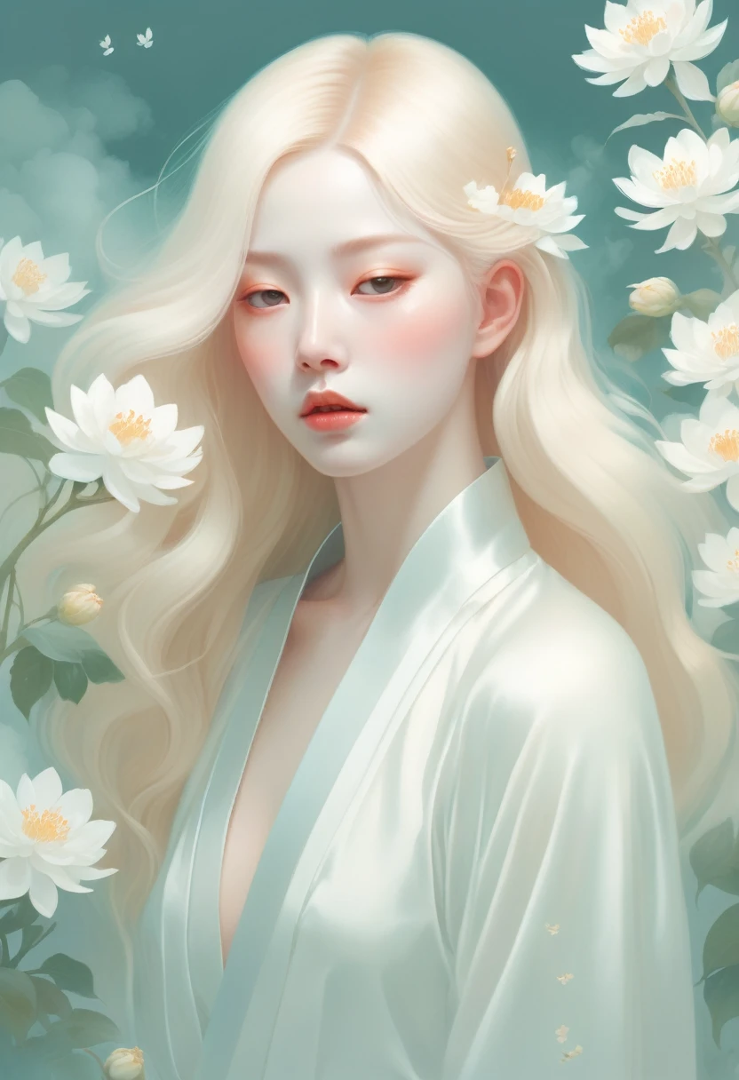 (crap:1.5)，Soft space，Soft tones，dream，Hazy and mysterious，大量crap和白色小花覆盖，Modern illustration elements。Tranquility、Pure atmosphere，blond woman with white flowers covering her face and eyes, inspired by Hsiao-Ron Cheng, inspired by Yanjun Cheng, by Ayami Kojima, by Hsiao-Ron Cheng, by Yanjun Cheng, Guweiz, artwork in the style of guweiz, by Eizan It&#39;s a gift, cake, james jean and wlop