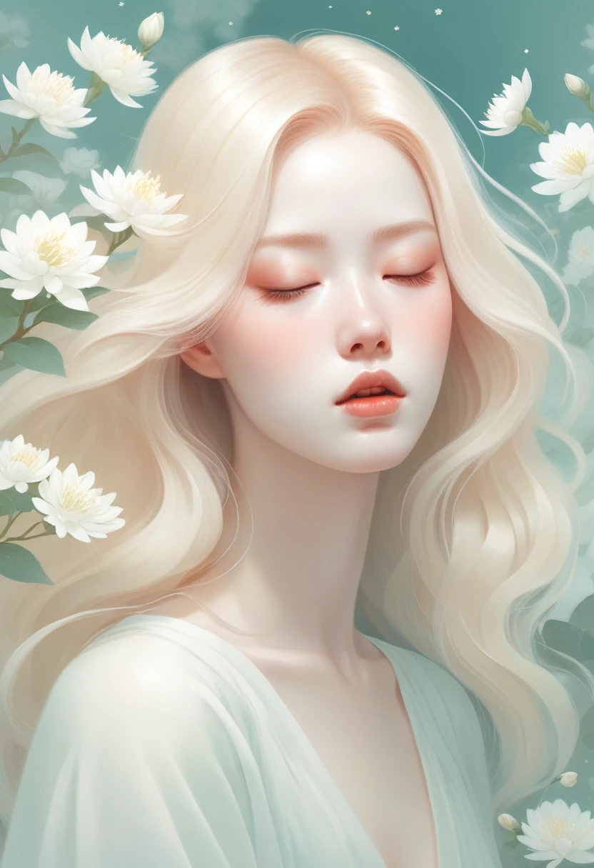 (crap:1.5)，Soft space，Soft tones，dream，Hazy and mysterious，大量crap和白色小花覆盖，Modern illustration elements。Tranquility、Pure atmosphere，blond woman with white flowers covering her face and eyes, inspired by Hsiao-Ron Cheng, inspired by Yanjun Cheng, by Ayami Kojima, by Hsiao-Ron Cheng, by Yanjun Cheng, Guweiz, artwork in the style of guweiz, by Eizan It&#39;s a gift, cake, james jean and wlop