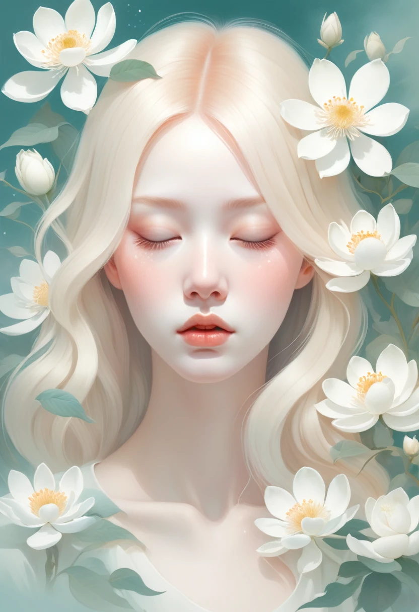(crap:1.5)，Soft space，Soft tones，dream，Hazy and mysterious，大量crap和白色小花覆盖，Modern illustration elements。Tranquility、Pure atmosphere，blond woman with white flowers covering her face and eyes, inspired by Hsiao-Ron Cheng, inspired by Yanjun Cheng, by Ayami Kojima, by Hsiao-Ron Cheng, by Yanjun Cheng, Guweiz, artwork in the style of guweiz, by Eizan It&#39;s a gift, cake, james jean and wlop