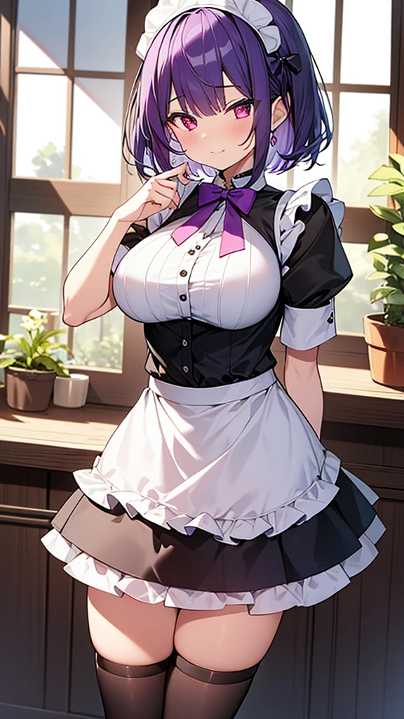 最high quality, high quality, Super detailed, 32k, Ultra-detailed details, {{The succubus maid has the face of my sister}}, (オンリー, Standing, pretty girl, beautiful purple hair, short hair, Beautiful RED eyes, mature, Big Breasts, A light smile, Off-the-shoulder sleeveless Summer cute maid outfit, Summer casual maid clothes, Short skirt, Blue and white color striped underwear, Black knee socks, loafers, She&#39;s holding 大きく up her skirt with both hands to show her underwear, 1,cute), A maid who moves her body vigorously without caring if her breasts bounce, Super detailed, indoor, maid Cafe, Full body image, ((Head to Toe:1.3)), NSFW