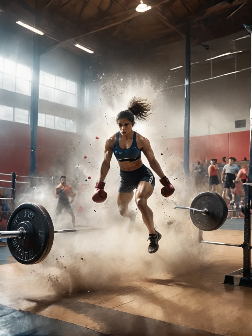 A dynamic scene captured in a sports photography style, In an expansive and modern gymnasium, different athletes are shown in the middle of their exercise routines, A South Asian female athlete in a powerlifting position, hoisting a barbell with so much focus and determination, A Hispanic male athlete to the side, doing a high jump over a hurdle with grace. In the distant corner, a Caucasian male practicing his boxing punches on a heavy bag, All depicted in a vivid action-filled sequence, where the raw human strength, endurance and agility are showcased