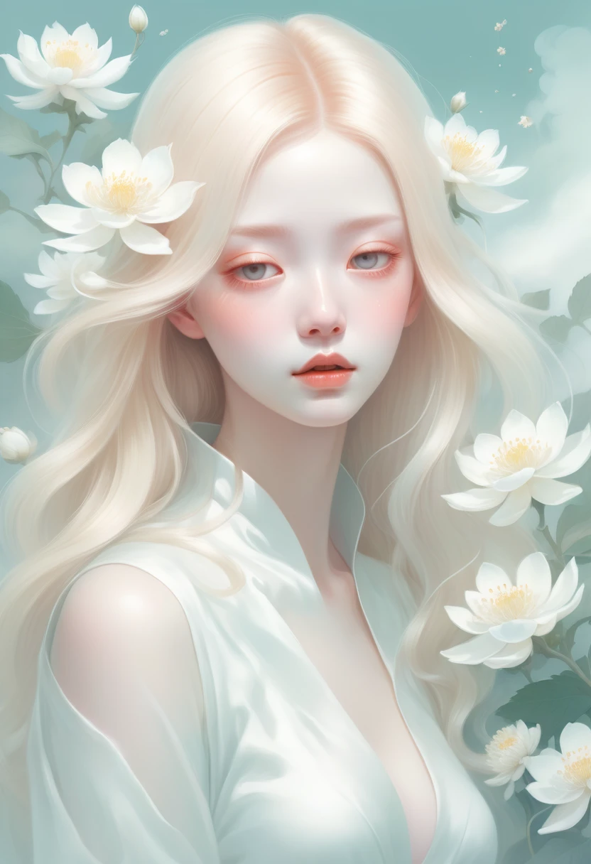 (mist:1.5)，Soft space，Soft tones，dream，Hazy and mysterious，大量mist和白色小花覆盖，Modern illustration elements。Tranquility、Pure atmosphere，blond woman with white flowers covering her face and eyes, inspired by Hsiao-Ron Cheng, inspired by Yanjun Cheng, by Ayami Kojima, by Hsiao-Ron Cheng, by Yanjun Cheng, Guweiz, artwork in the style of Guweiz, by Eizan It&#39;s a gift, cake, james jean and wlop