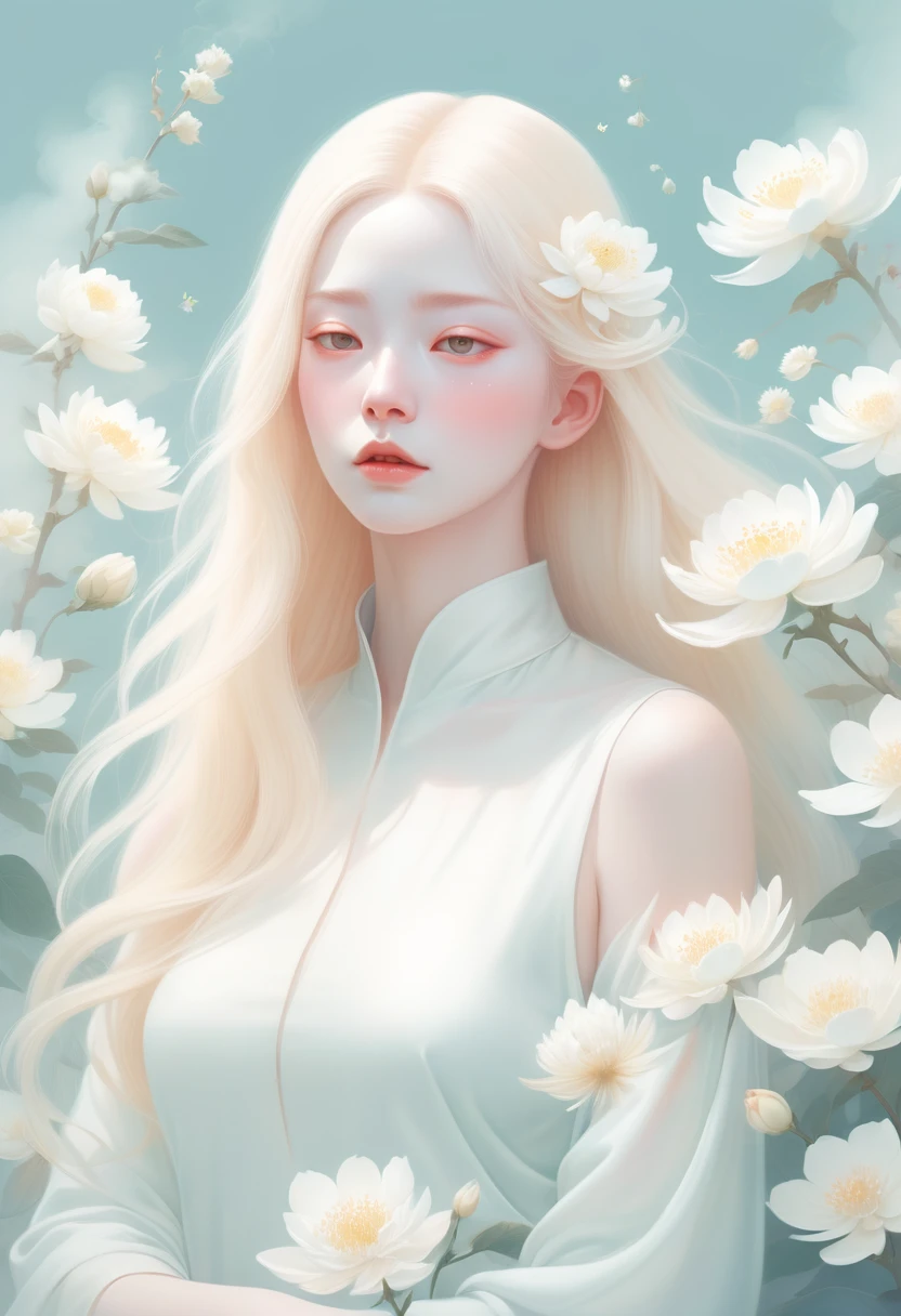 (mist:1.5)，Soft space，Soft tones，dream，Hazy and mysterious，大量mist和白色小花覆盖，Modern illustration elements。Tranquility、Pure atmosphere，blond woman with white flowers covering her face and eyes, inspired by Hsiao-Ron Cheng, inspired by Yanjun Cheng, by Ayami Kojima, by Hsiao-Ron Cheng, by Yanjun Cheng, Guweiz, artwork in the style of Guweiz, by Eizan It&#39;s a gift, cake, james jean and wlop