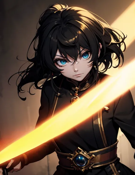 picture, A woman dressed in black and gold and holding a sword (Fantasy style demo:1)  