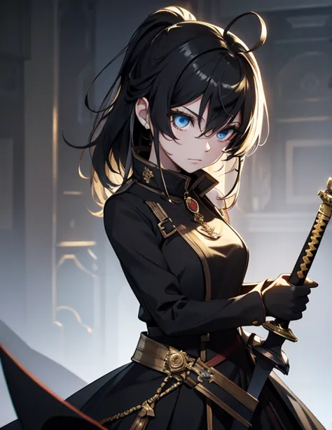 picture, A woman dressed in black and gold and holding a sword (Fantasy style demo:1)  