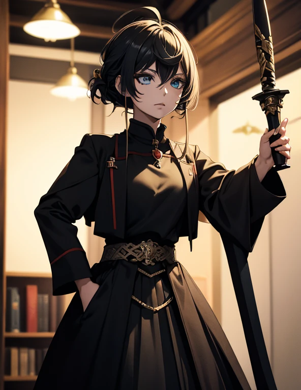foto, Uma mulher vestida de preto e dourado e segurando uma espada (Demonstração de estilo fantasia:1)  