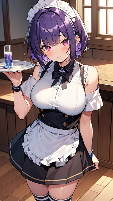 最high quality, high quality, Super detailed, 32k, Ultra-detailed details, waitress(only, Standing, pretty girl, beautiful purple...