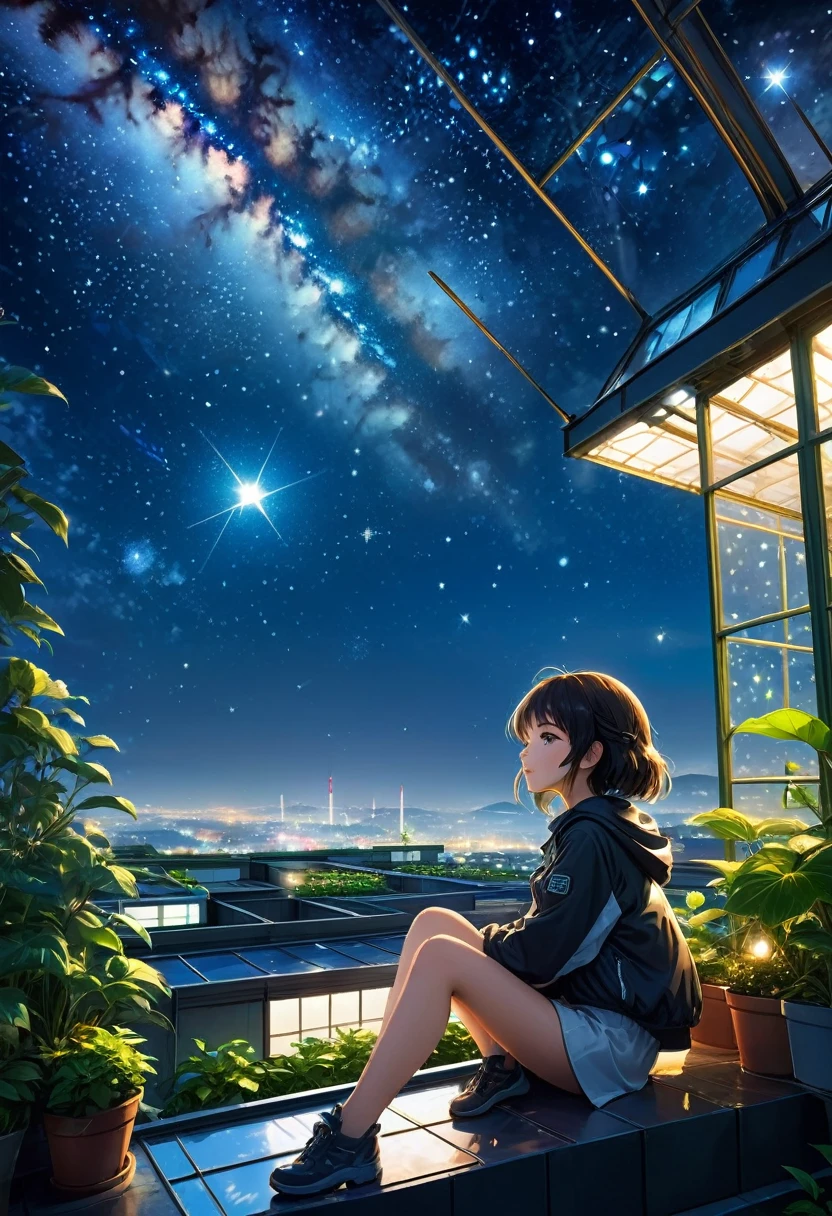 Highest quality, masterpiece, Very detailed, Detailed Background, anime, One girl, Young girl, Short girl, sf, sf, Outdoor, night, Starry Sky, greenhouse, huge structure, Biodome, Wind景, scenery, horizon, rooftop, sitting on rooftop, Wind, avert your eyes, Atmospheric lighting, Focus Only, close, From the side, Depth of written boundary, Bokeh