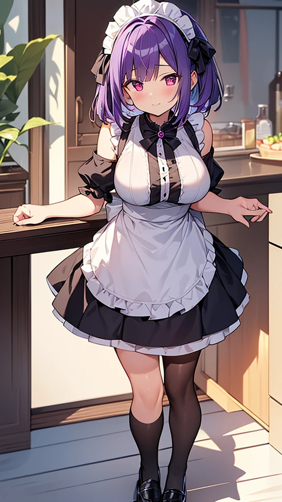 最high quality, high quality, Super detailed, 32k, Ultra-detailed details, {{The succubus maid has the face of my sister}}, (オンリー, Standing, pretty girl, beautiful purple hair, short hair, Beautiful RED eyes, mature, Big Breasts, A light smile, Off-the-shoulder sleeveless Summer cute maid outfit, Summer casual maid clothes, Short skirt, Blue and white color striped underwear, Black knee socks, loafers, She&#39;s holding 大きく up her skirt with both hands to show her underwear, 1,cute), A maid who moves her body vigorously without caring if her breasts bounce, Super detailed, indoor, maid Cafe, Full body image, ((Head to Toe:1.3)), NSFW