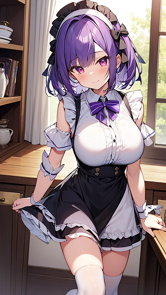 最high quality, high quality, Super detailed, 32k, Ultra-detailed details, {{The succubus maid has the face of my sister}}, (オンリー, Standing, pretty girl, beautiful purple hair, short hair, Beautiful RED eyes, mature, Big Breasts, A light smile, Off-the-shoulder sleeveless Summer cute maid outfit, Summer casual maid clothes, Short skirt, Blue and white color striped underwear, Black knee socks, loafers, She&#39;s holding 大きく up her skirt with both hands to show her underwear, 1,cute), A maid who moves her body vigorously without caring if her breasts bounce, Super detailed, indoor, maid Cafe, Full body image, ((Head to Toe:1.3)), NSFW