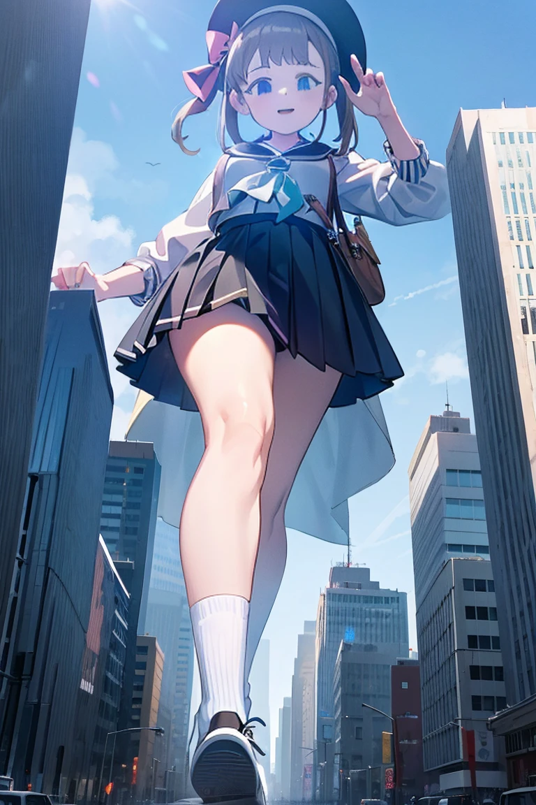 Big girl wearing sneakers，Girl taller than the building，Sailor Suit，Short skirt，White Socks，Girl raising legs high，Rubble-covered soles