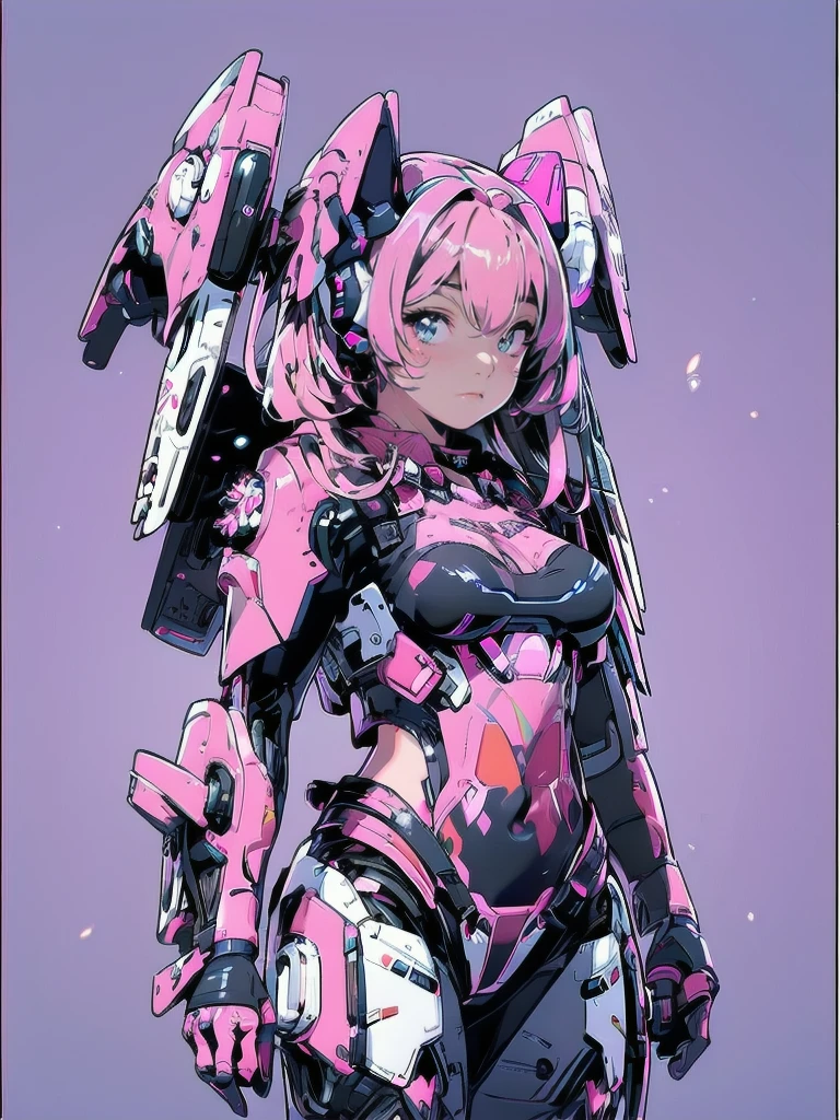 complete body shot,retro futuristic flat background,masterpiece, best quality, 1girl, solo, retro futuristic cyborgwoman, seamlessly blending mechanics and elegance. fit, small breasts, blueish skin, with magenta hair, fashion modeling pose, form fitting pastel yellow and pink with black colorblocking gundam suit-like-armor,kitty_ear headpiece, happy, wild pink punky hair, humanoid face with bigger eyes and some cyberparts holding a retro futuristoc space-gun, plain background, dark colors, Anime, Cartoon, Comic Book, Concept Art