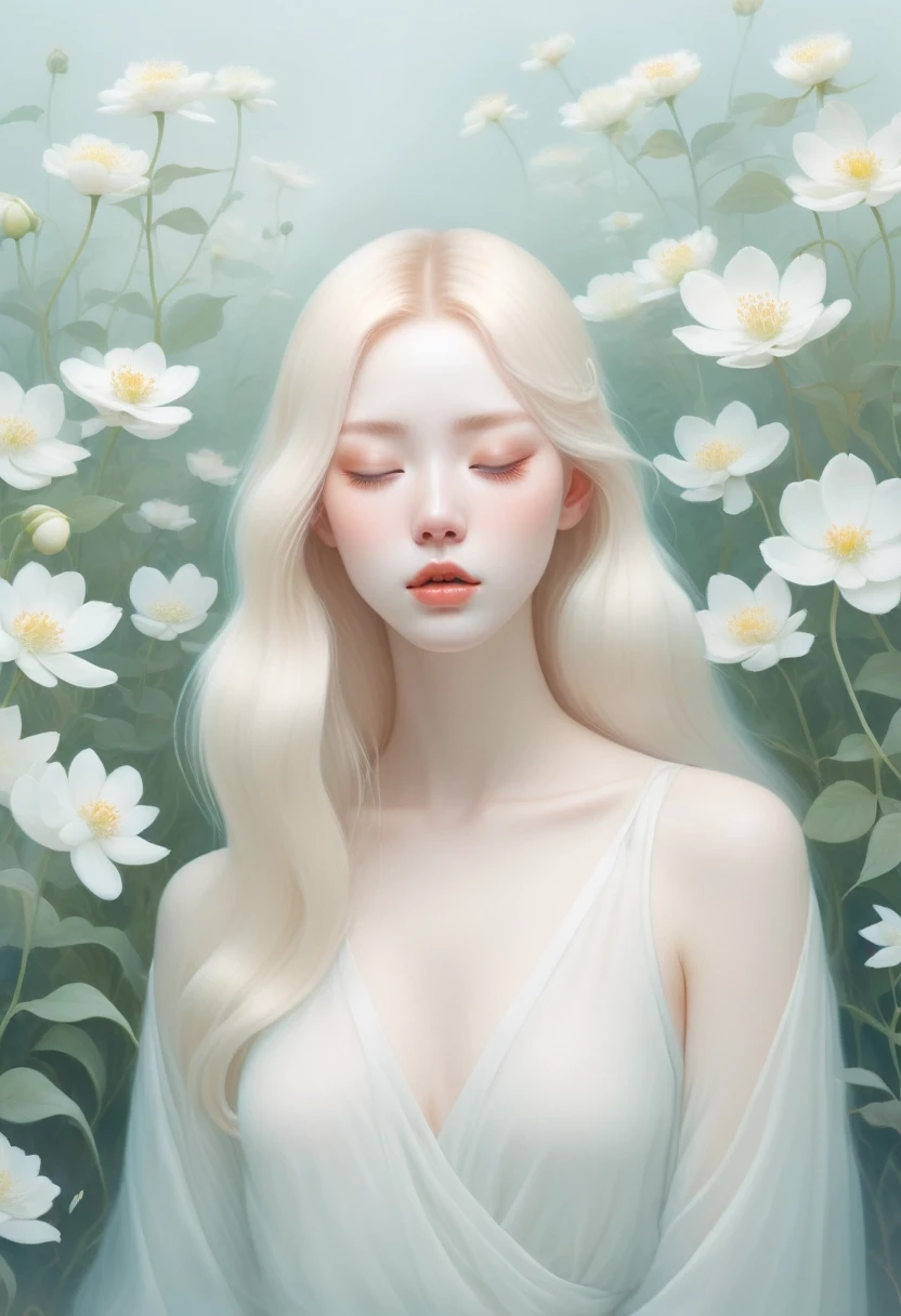 (Thick fog:1.5)，Soft space，Soft tones，dream，Hazy and mysterious，A lot of mist and white flowerodern illustration elements。Tranquility、Pure atmosphere，blond woman with white flowers covering her face and eyes, inspired by Hsiao-Ron Cheng, inspired by Yanjun Cheng, by Ayami Kojima, by Hsiao-Ron Cheng, by Yanjun Cheng, Guweiz, artwork in the style of Guweiz, by Eizan It&#39;s a gift, cake, james jean and wlop