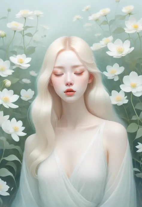 (Thick fog:1.5)，Soft space，Soft tones，dream，Hazy and mysterious，A lot of mist and white flowers，Modern illustration elements。Tra...