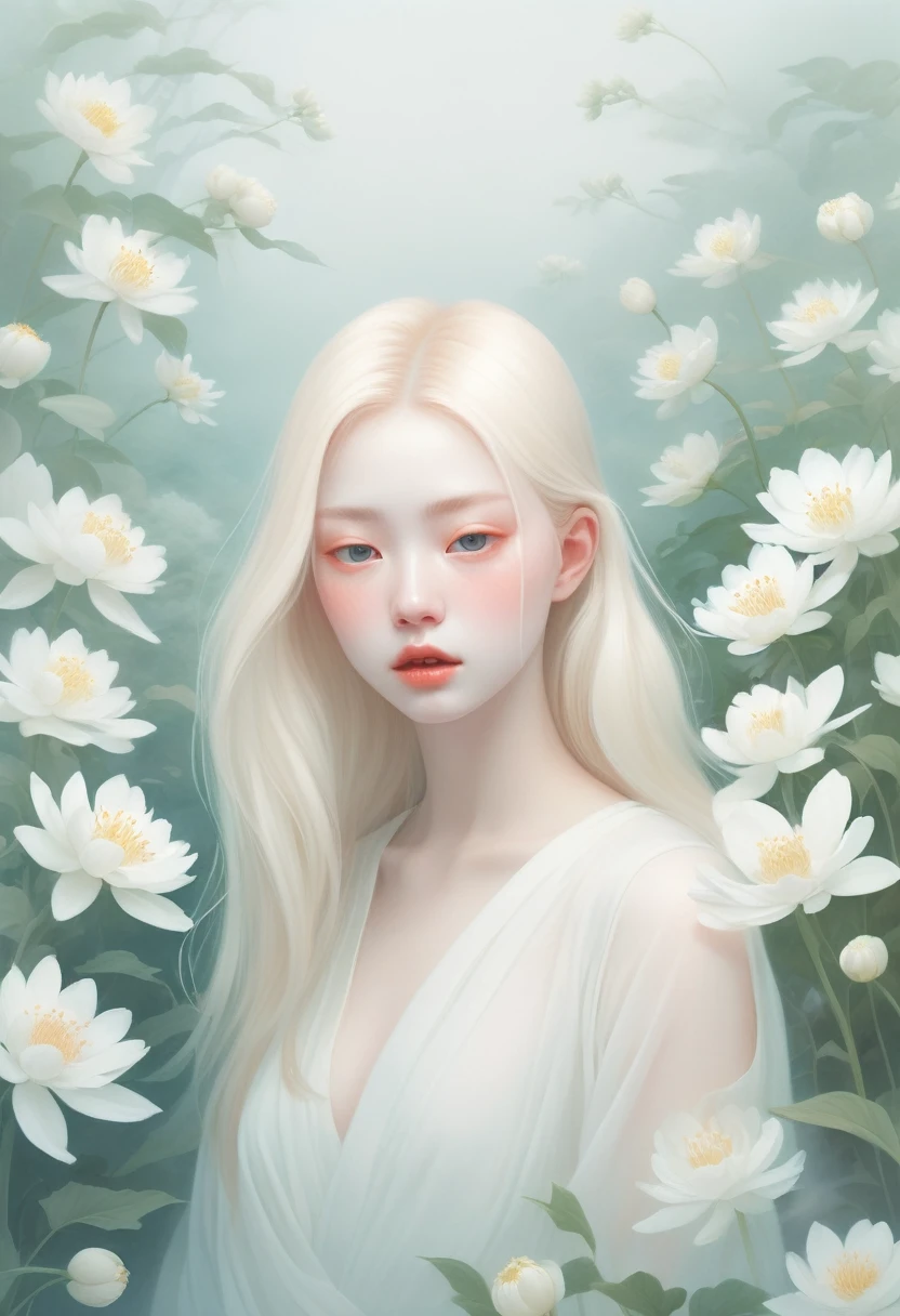 (Thick fog:1.5)，Soft space，Soft tones，dream，Hazy and mysterious，A lot of mist and white flowerodern illustration elements。Tranquility、Pure atmosphere，blond woman with white flowers covering her face and eyes, inspired by Hsiao-Ron Cheng, inspired by Yanjun Cheng, by Ayami Kojima, by Hsiao-Ron Cheng, by Yanjun Cheng, Guweiz, artwork in the style of Guweiz, by Eizan It&#39;s a gift, cake, james jean and wlop