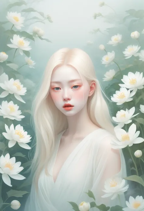 (thick fog:1.5)，soft space，soft tones，dream，hazy and mysterious，a lot of mist and white flowers，modern illustration elements。tra...