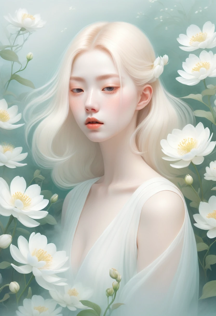(Thick fog:1.5)，Soft space，Soft tones，dream，Hazy and mysterious，A lot of mist and white flowerodern illustration elements。Tranquility、Pure atmosphere，blond woman with white flowers covering her face and eyes, inspired by Hsiao-Ron Cheng, inspired by Yanjun Cheng, by Ayami Kojima, by Hsiao-Ron Cheng, by Yanjun Cheng, Guweiz, artwork in the style of Guweiz, by Eizan It&#39;s a gift, cake, james jean and wlop