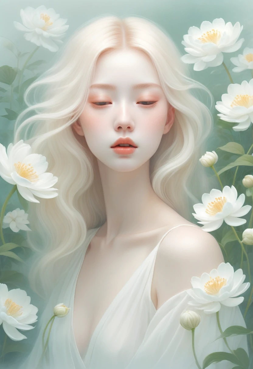 (Thick fog:1.5)，Soft space，Soft tones，dream，Hazy and mysterious，A lot of mist and white flowerodern illustration elements。Tranquility、Pure atmosphere，blond woman with white flowers covering her face and eyes, inspired by Hsiao-Ron Cheng, inspired by Yanjun Cheng, by Ayami Kojima, by Hsiao-Ron Cheng, by Yanjun Cheng, Guweiz, artwork in the style of Guweiz, by Eizan It&#39;s a gift, cake, james jean and wlop