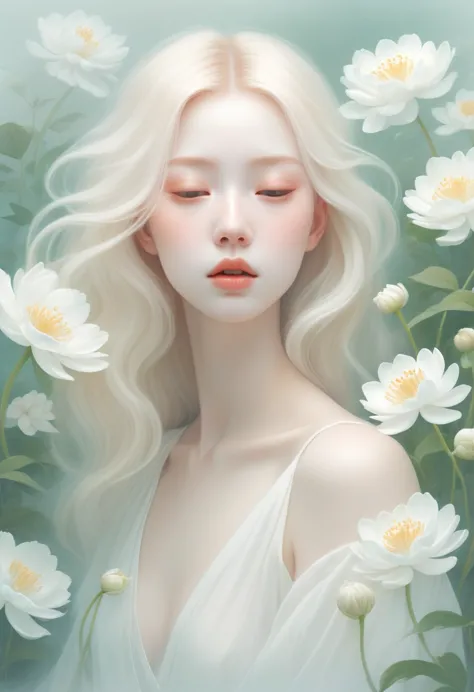 (Thick fog:1.5)，Soft space，Soft tones，dream，Hazy and mysterious，A lot of mist and white flowers，Modern illustration elements。Tra...