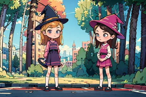 cute witch girl mini dress skirt, witch hat, standing in the park holding skateboard under her left arm