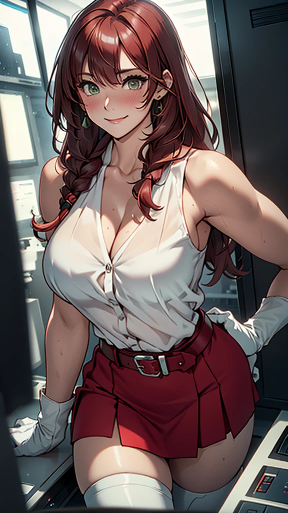 20-year-old girl，Crimson hair，side braid，Smile，Large Breasts，cleavage，Sheer red sleeveless top，Leave space in the middle to reveal cleavage，Soaked all over，Blushing，green eyes，Female spy，Red miniskirt，White gloves，White hand sleeves，White boots，Science fiction，Future，robot driver，There is a pistol on the back belt，No bangs，Wearing earrings only on one side，leather neck brace，There is a belt around the waist，Inside the robot cockpit