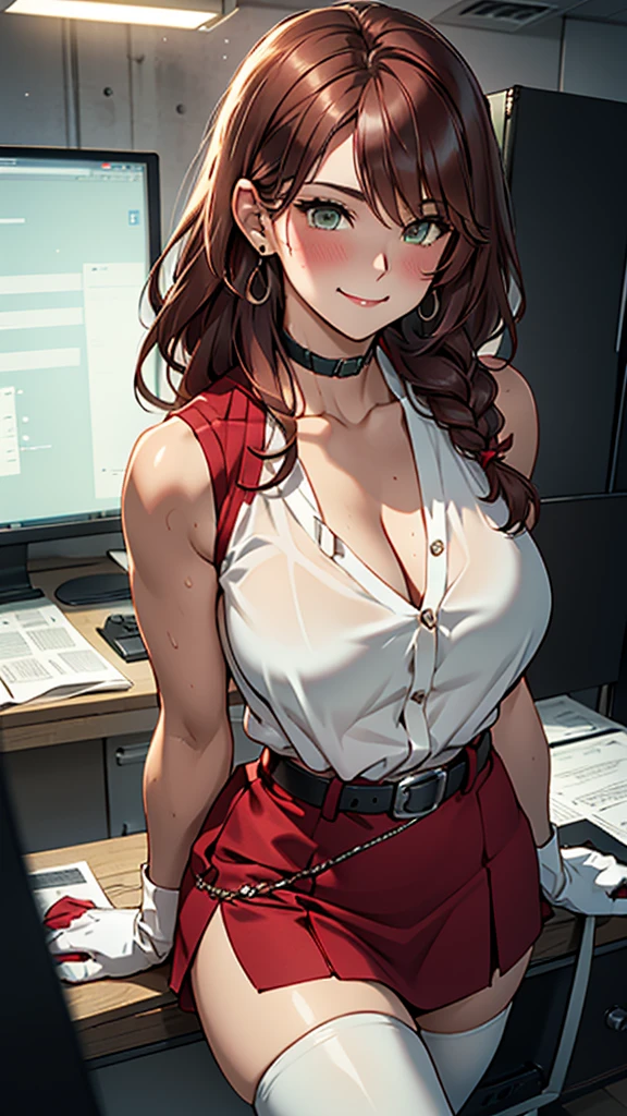 20-year-old girl，Crimson hair，side braid，Smile，Large Breasts，cleavage，Sheer red sleeveless top，Leave space in the middle to reveal cleavage，Soaked all over，Blushing，green eyes，Female spy，Red miniskirt，White gloves，White hand sleeves，White boots，Science fiction，Future，robot driver，There is a pistol on the back belt，No bangs，Wearing earrings only on one side，leather neck brace，There is a belt around the waist，Inside the robot cockpit