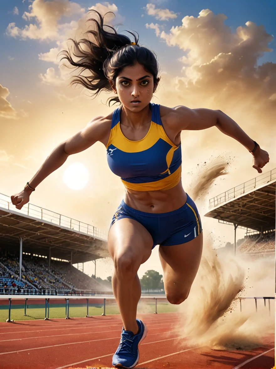 A dynamic scene unfolds on a professional athletics track where an intense competition is in progress. The setting sun in the background casts a warm light on the field, revealing an athlete, a determined South Asian woman in her mid-twenties, intensely focused on the task at hand. With her running shoes kicking up small dust clouds from the track, she is in the process of leaping over a hurdle. The hurdle, a strip of bright aluminum with a bar painted white and black for visibility, stands seemingly insurmountable but not for our athlete. Her muscles are tensioned, her form flawless as she jumps over it, in her royal blue and yellow athletic attire.