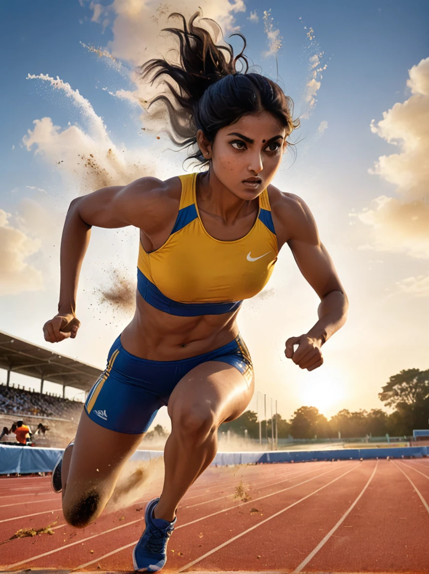 A dynamic scene unfolds on a professional athletics track where an intense competition is in progress. The setting sun in the background casts a warm light on the field, revealing an athlete, a determined South Asian woman in her mid-twenties, intensely focused on the task at hand. With her running shoes kicking up small dust clouds from the track, she is in the process of leaping over a hurdle. The hurdle, a strip of bright aluminum with a bar painted white and black for visibility, stands seemingly insurmountable but not for our athlete. Her muscles are tensioned, her form flawless as she jumps over it, in her royal blue and yellow athletic attire.