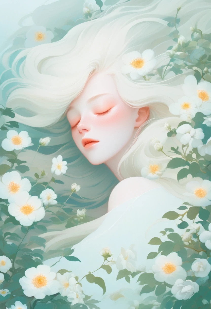 (Thick fog:1.5)，Soft space，Soft tones，dream，Hazy and mysterious，A lot of mist and white flowers，Modern illustration elements。Tranquility、Pure atmosphere，blond woman with white flowers covering her face and eyes, inspired by Hsiao-Ron Cheng, inspired by Yanjun Cheng, by Ayami Kojima, by Hsiao-Ron Cheng, by Yanjun Cheng, Guweiz, artwork in the style of Guweiz, by Eizan It&#39;s a gift, cake, james jean and wlop