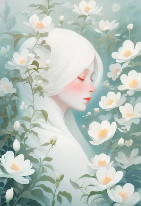 (thick fog:1.5)，soft space，soft tones，dream，hazy and mysterious，a lot of mist and white flowers，modern illustration elements。tra...