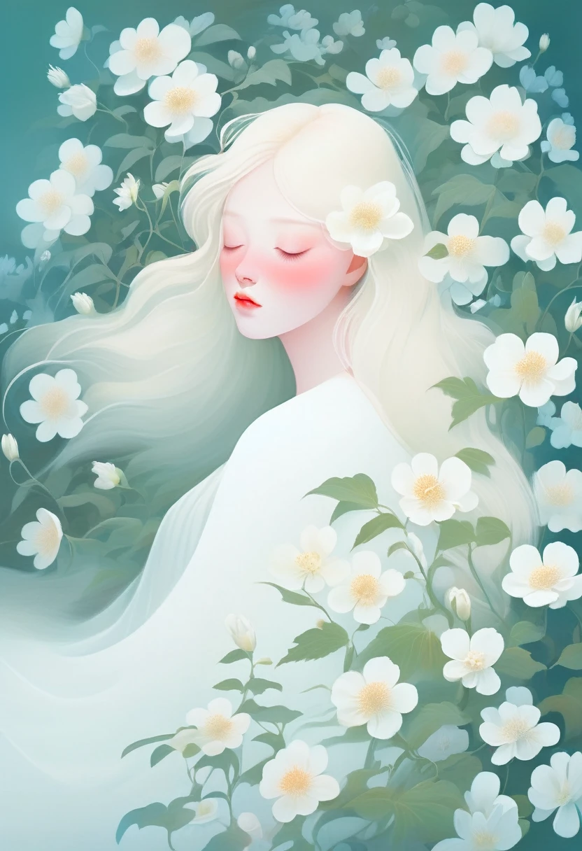 (Thick fog:1.5)，Soft space，Soft tones，dream，Hazy and mysterious，A lot of mist and white flowers，Modern illustration elements。Tranquility、Pure atmosphere，blond woman with white flowers covering her face and eyes, inspired by Hsiao-Ron Cheng, inspired by Yanjun Cheng, by Ayami Kojima, by Hsiao-Ron Cheng, by Yanjun Cheng, Guweiz, artwork in the style of Guweiz, by Eizan It&#39;s a gift, cake, james jean and wlop