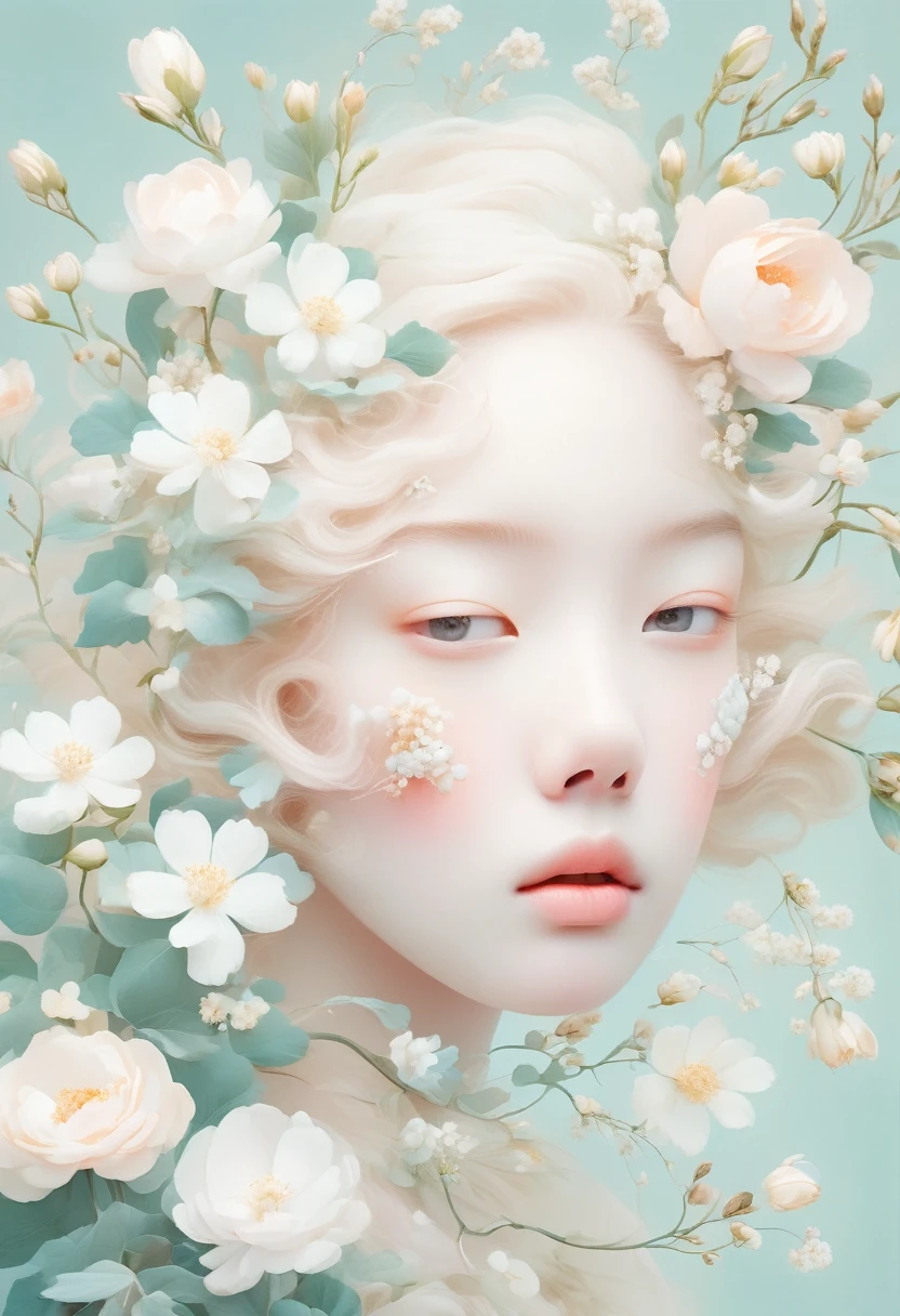 Blonde，White flowers on the face and eyes, Ultra-fine inspired by Hsiao-Ron Cheng, tumblr, Aestheticism, Gu Weiss, artwork in the style of Gu Weiss, Pastel, james jean 和 wlop, makoto kobayashi, Has a blooming and ethereal effect, Blurred dream illustration, Gu Weiss masterpiece