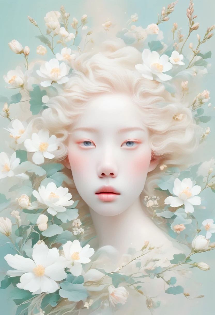 Blonde，White flowers on the face and eyes, Ultra-fine inspired by Hsiao-Ron Cheng, tumblr, Aestheticism, Gu Weiss, artwork in the style of Gu Weiss, Pastel, james jean 和 wlop, makoto kobayashi, Has a blooming and ethereal effect, Blurred dream illustration, Gu Weiss masterpiece