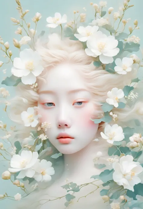 blonde，white flowers on the face and eyes, ultra-fine inspired by hsiao-ron cheng, tumblr, aestheticism, gu weiss, artwork in th...