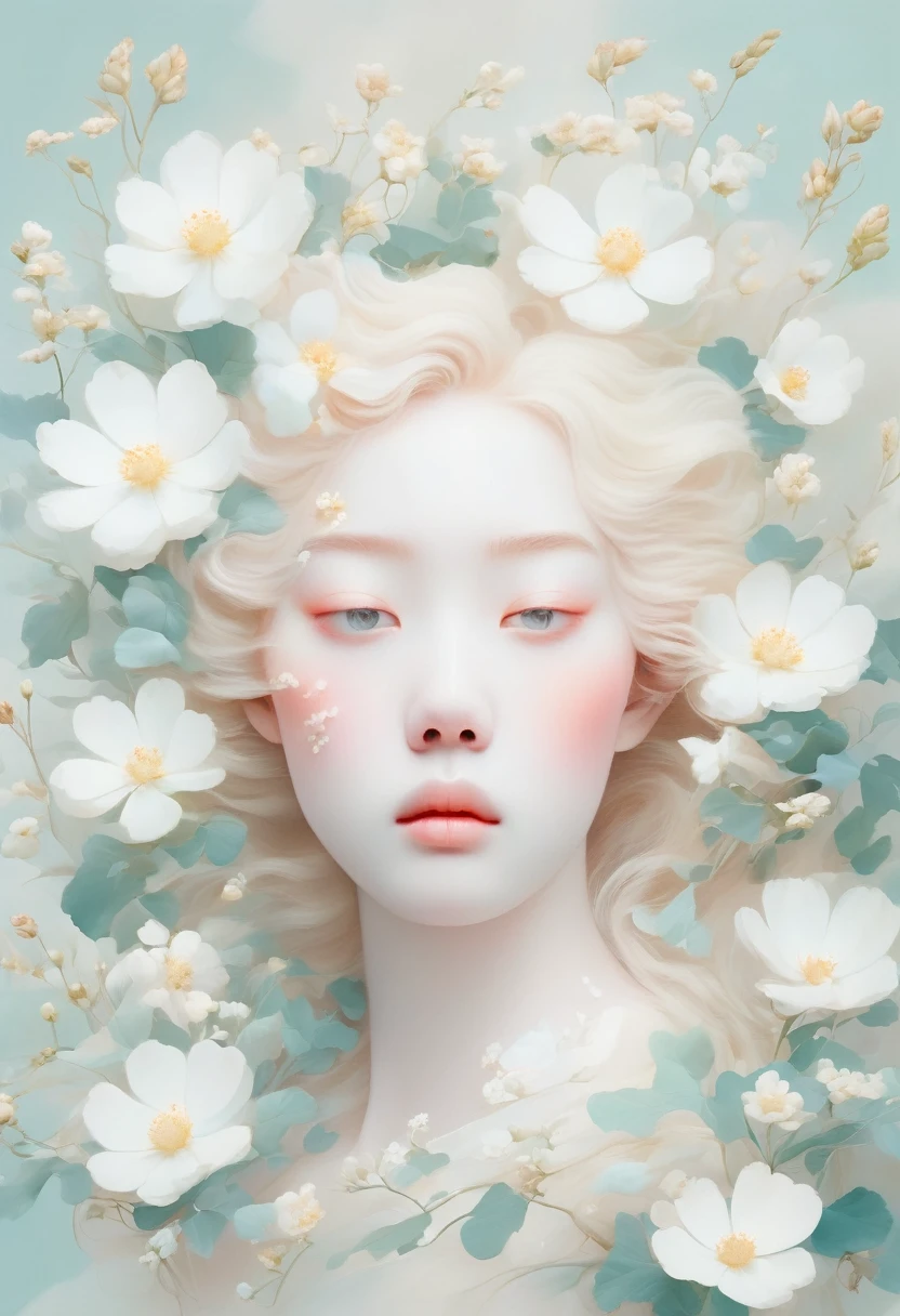 Blonde，White flowers on the face and eyes, Ultra-fine inspired by Hsiao-Ron Cheng, tumblr, Aestheticism, Gu Weiss, artwork in the style of Gu Weiss, Pastel, james jean 和 wlop, makoto kobayashi, Has a blooming and ethereal effect, Blurred dream illustration, Gu Weiss masterpiece