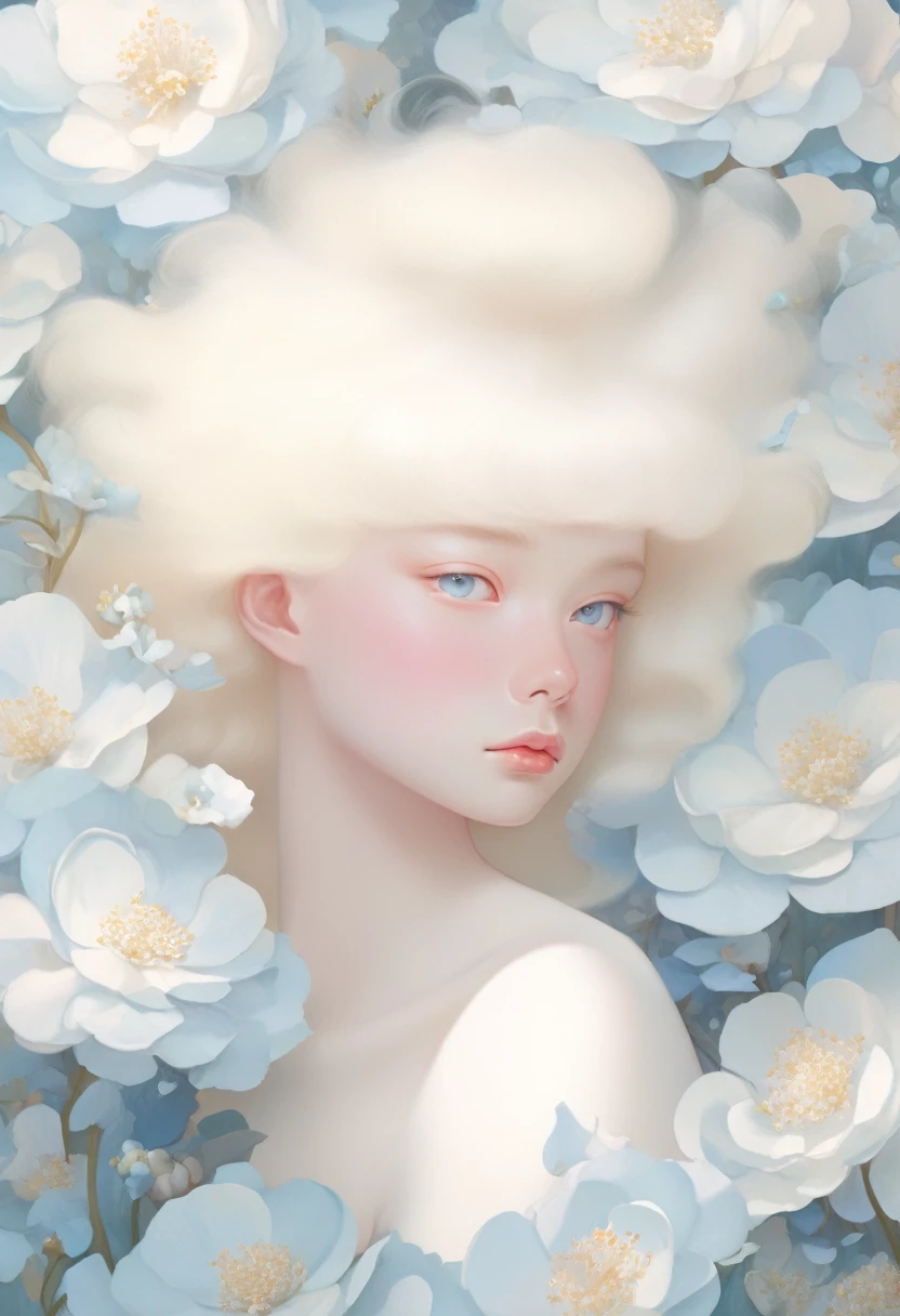 rubio，Flores blancas en la cara y los ojos, Ultrafino inspirado en Hsiao-Ron Cheng, tumblr, esteticismo, Gu Weiss, Obra de arte al estilo de Gu Weiss., pastel, james jean y wlop, Makoto Kobayashi, Tiene un efecto floreciente y etéreo., Ilustración de sueño borroso, Obra maestra de Gu Weiss