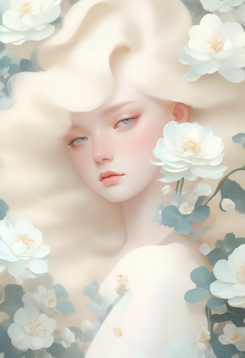 loiro，Flores brancas no rosto e nos olhos, Ultrafino inspirado em Hsiao-Ron Cheng, tumblr, esteticismo, Gu Weiss, obras de arte no estilo de Gu Weiss, pastel, james jean e wlop, Makoto Kobayashi, Tem um efeito florido e etéreo, Ilustra??o de sonho turvo, Obra-prima de Gu Weiss