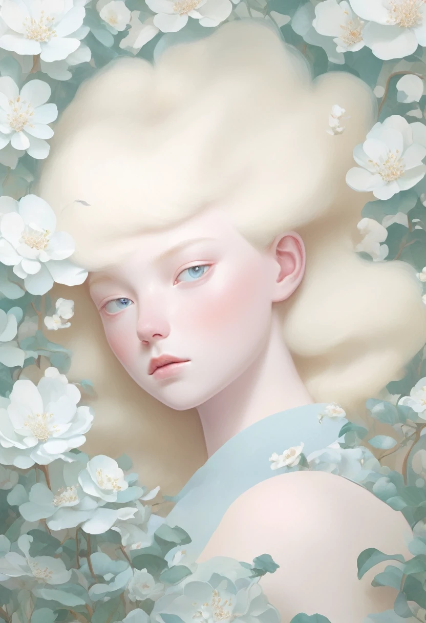 Blonde，Weiße Blumen im Gesicht und an den Augen, Ultrafein inspiriert von Hsiao-Ron Cheng, tumblr, Ästhetizismus, Gu Weiss, Kunstwerk im Stil von Gu Weiss, Pastel, James Jean und Wlop, Makoto Kobayashi, Wirkt blühender und ätherischer, Verschwommene Traumillustration, Meisterwerk von Gu Weiss