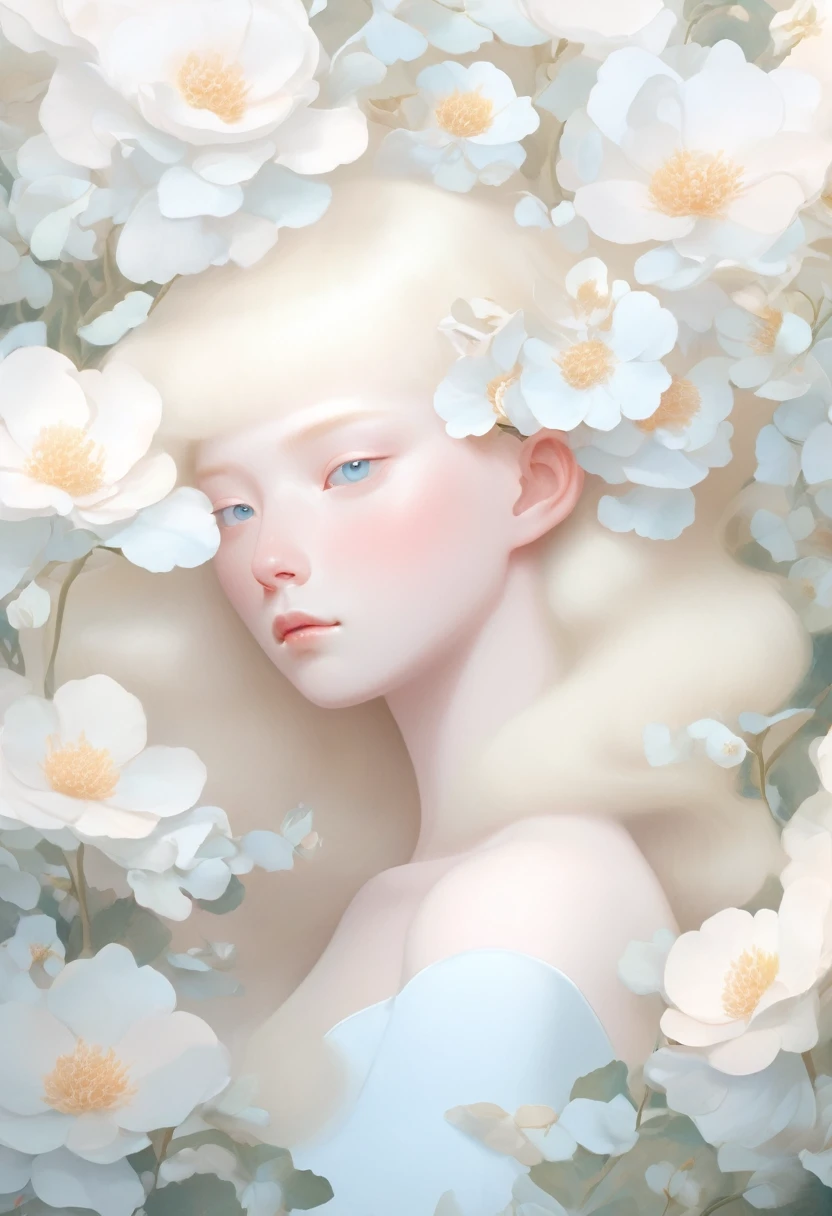 Blonde，Weiße Blumen im Gesicht und an den Augen, Ultrafein inspiriert von Hsiao-Ron Cheng, tumblr, Ästhetizismus, Gu Weiss, Kunstwerk im Stil von Gu Weiss, Pastel, James Jean und Wlop, Makoto Kobayashi, Wirkt blühender und ätherischer, Verschwommene Traumillustration, Meisterwerk von Gu Weiss