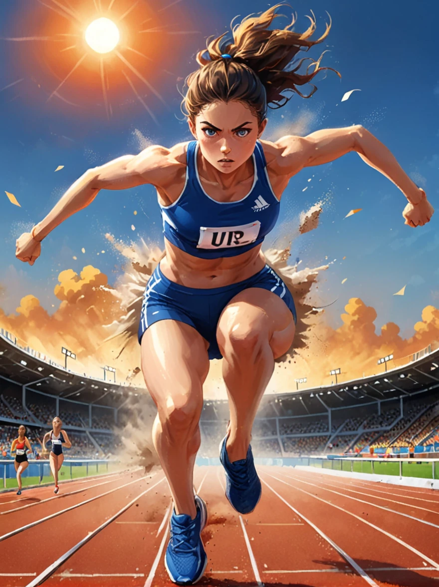 A vibrant scene appears on the professional athletics track，A fierce competition is going on,The setting sun in the background casts a warm glow on the field，The athletes are clearly visible，She is a determined girl.，25 years old，Focus on the task at hand，Her running shoes kicked up a small cloud of dust on the track，She is jumping over a hurdle.，The hurdle is a bright aluminum strip，Crossbars painted white and black，Easy to identify，Seemingly insurmountable，But that’s not the case for our athletes.，She is wearing royal blue and sportswear, her muscles are tense，Perfect posture，Jump over，(Cartoon illustration，illustration)