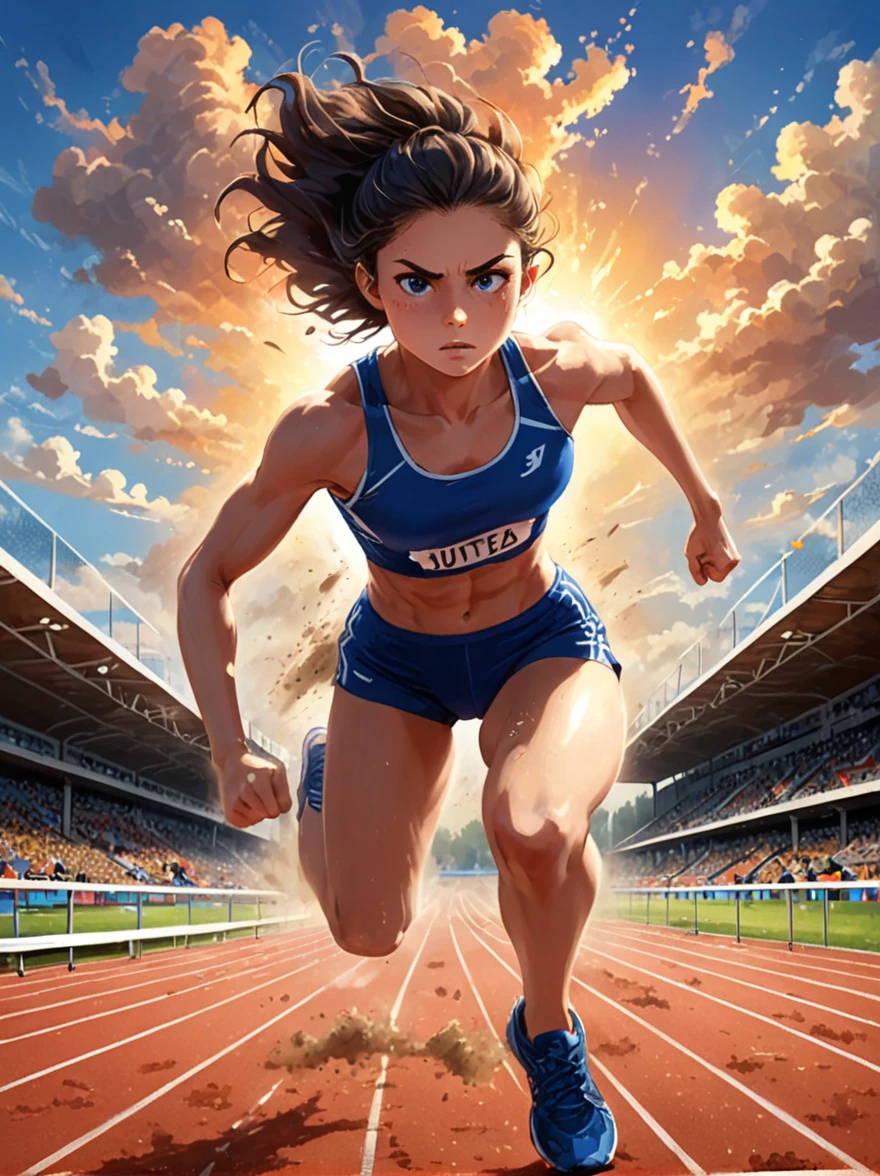 A vibrant scene appears on the professional athletics track，A fierce competition is going on,The setting sun in the background casts a warm glow on the field，The athletes are clearly visible，She is a determined girl.，25 years old，Focus on the task at hand，Her running shoes kicked up a small cloud of dust on the track，She is jumping over a hurdle.，The hurdle is a bright aluminum strip，Crossbars painted white and black，Easy to identify，Seemingly insurmountable，But that’s not the case for our athletes.，She is wearing royal blue and sportswear, her muscles are tense，Perfect posture，Jump over，(Cartoon illustration，illustration)