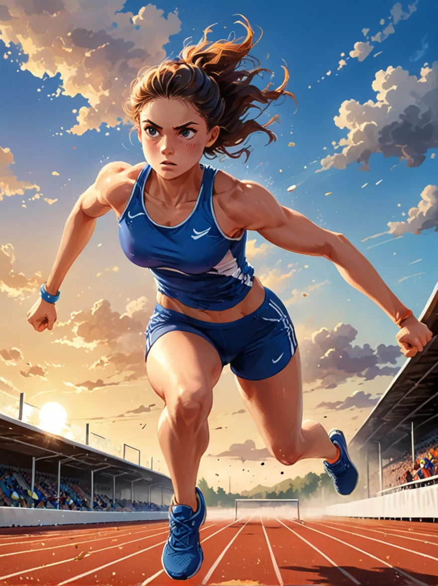 A vibrant scene appears on the professional athletics track，A fierce competition is going on,The setting sun in the background casts a warm glow on the field，The athletes are clearly visible，She is a determined girl.，25 years old，Focus on the task at hand，Her running shoes kicked up a small cloud of dust on the track，She is jumping over a hurdle.，The hurdle is a bright aluminum strip，Crossbars painted white and black，Easy to identify，Seemingly insurmountable，But that’s not the case for our athletes.，She is wearing royal blue and sportswear, her muscles are tense，Perfect posture，Jump over，(Cartoon illustration，illustration)