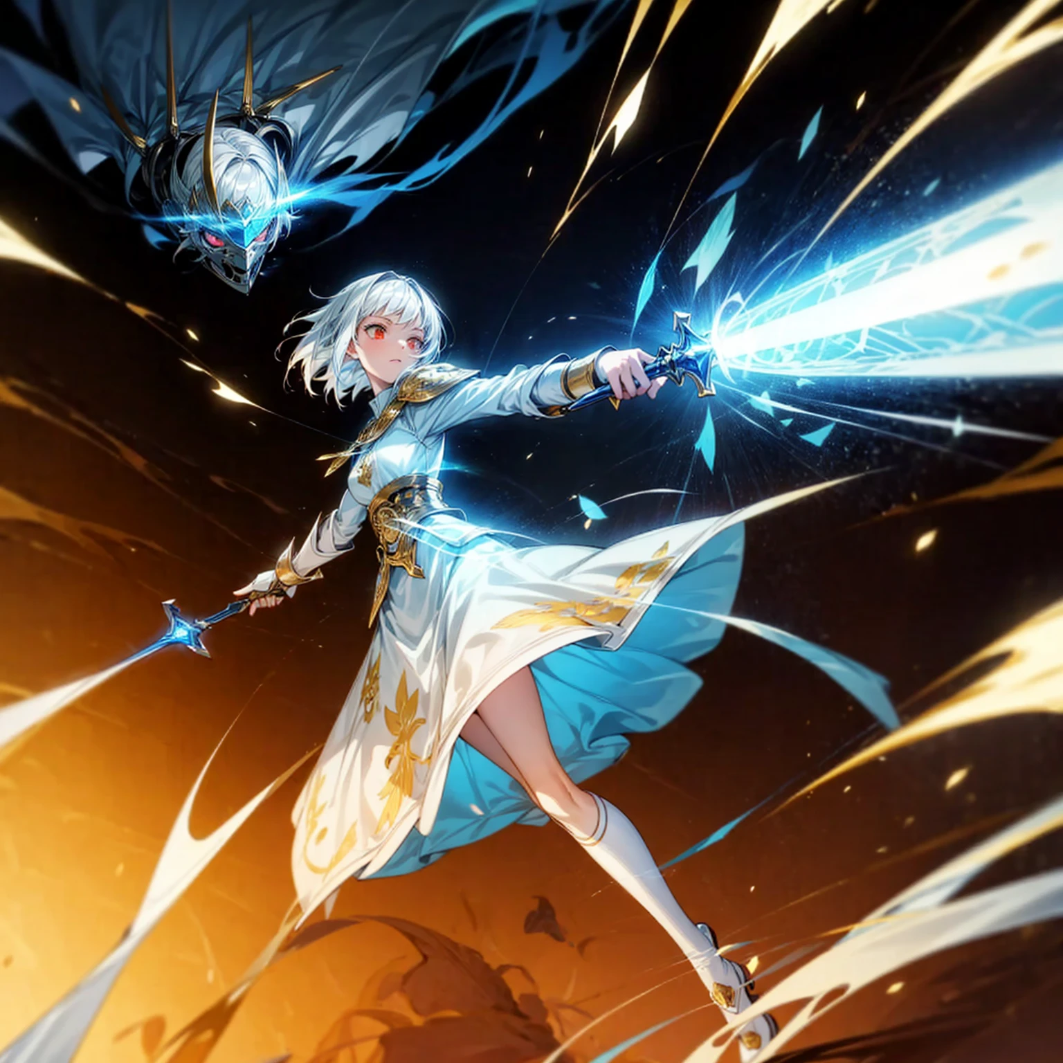 1girl, Full body version, 1character, light red eyes color, white skin, short hairstyle, white colour hair, templar knight style clothing, Long skirt, long socks, long boots, robes, (gold knife in hand), gold Shield in hand, full background, Grassroots background in village, motion blur, shadow, standing gesture, smoke effect, blue lighting effect, lighting blue knife, girl aura, plasma effect, Lightning, lightning flashes on the knife, blue lightning, full gold armor, armor, big hologram, (one piece style art)
