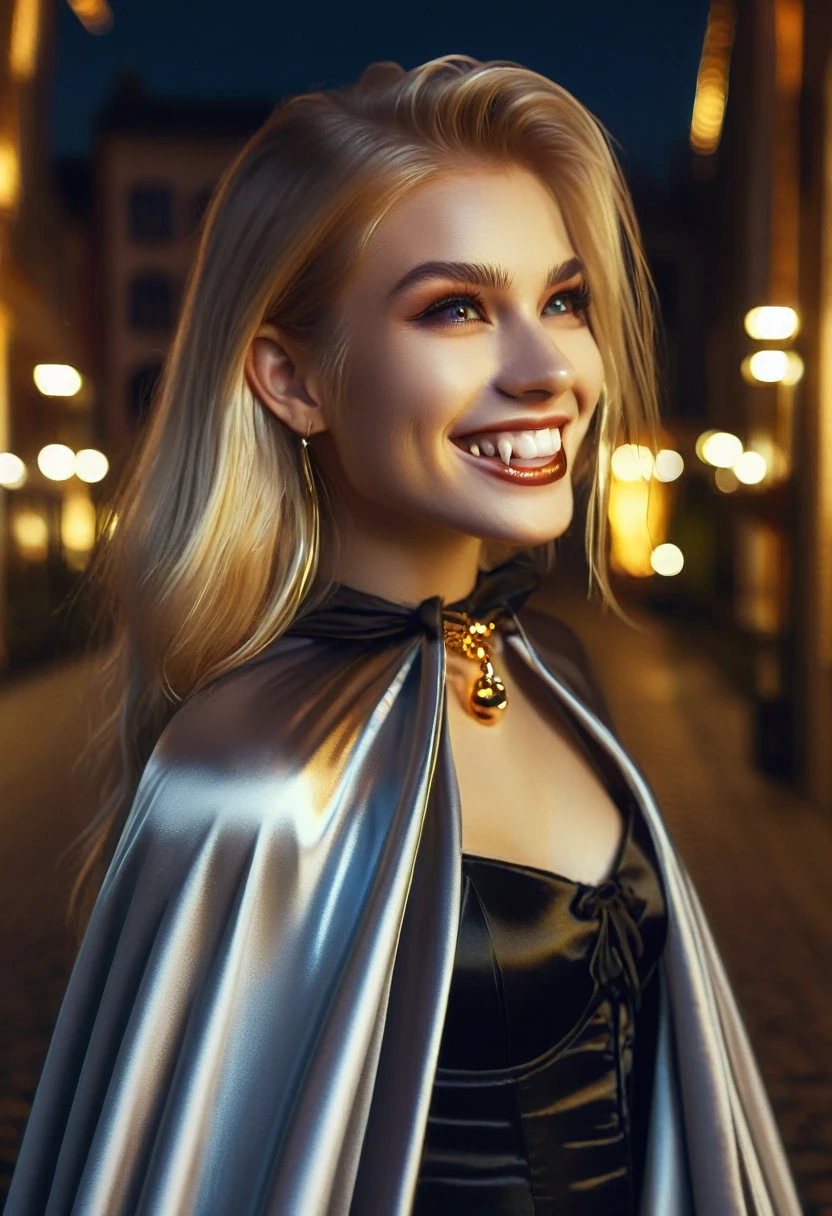 Vampyfangs1,(RAW photo) , 1girl, cute, 20 years old, long blonde hair in ponytail, smiling, look at viewer, ((((silver and gold lined satin cape tied at the neck)))+++, side spilt skirt , photo, realistic, best quality, hires, detailed face, detailed background, diffused lighting, depth of field, bokeh