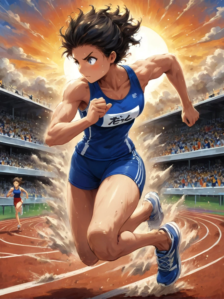 A vibrant scene appears on the professional athletics track，A fierce competition is going on,The setting sun in the background casts a warm glow on the field，The athletes are clearly visible，She is a determined girl.，25 years old，Focus on the task at hand，Her running shoes kicked up a small cloud of dust on the track，She is jumping over a hurdle.，The hurdle is a bright aluminum strip，Crossbars painted white and black，Easy to identify，Seemingly insurmountable，But that’s not the case for our athletes.，She is wearing royal blue and sportswear, her muscles are tense，Perfect posture，Jump over，(Cartoon illustration，illustration)